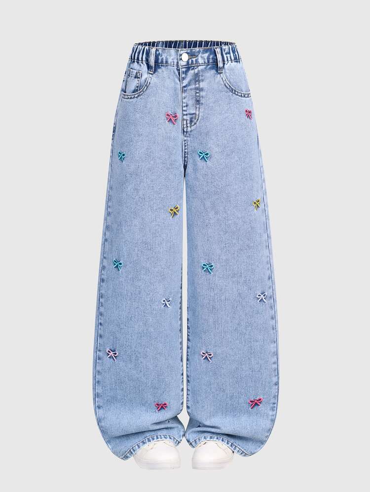 SHEIN Girls' Oversized Cute Casual Loose Fit Straight Leg Jeans, Light Blue Washed Cotton With Embroidered Butterfly Decor, Summer School Everyday - Light Wash - View 1