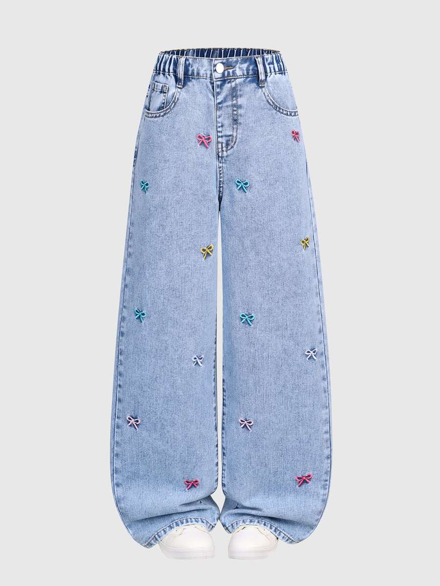 SHEIN Girls' Oversized Cute Casual Loose Fit Straight Leg Jeans, Light Blue Washed Cotton With Embroidered Butterfly Decor, Summer School Everyday