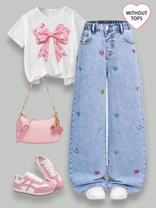 SHEIN Girls' Oversized Cute Casual Loose Fit Straight Leg Jeans, Light Blue Washed Cotton With Embroidered Butterfly Decor, Summer School Everyday - Light Wash - View 4