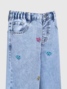 SHEIN Girls' Oversized Cute Casual Loose Fit Straight Leg Jeans, Light Blue Washed Cotton With Embroidered Butterfly Decor, Summer School Everyday - Light Wash - View 6
