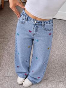 SHEIN Girls' Oversized Cute Casual Loose Fit Straight Leg Jeans, Light Blue Washed Cotton With Embroidered Butterfly Decor, Summer School Everyday - Light Wash - View 7