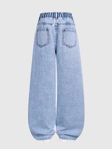 SHEIN Girls' Oversized Cute Casual Loose Fit Straight Leg Jeans, Light Blue Washed Cotton With Embroidered Butterfly Decor, Summer School Everyday - Light Wash - View 3
