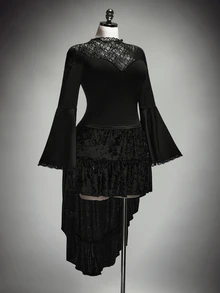 SHEIN ICON Plus Size Y2K Halloween Lace Patchwork Basic Bell Sleeve Knit T-Shirt Top Gothic Innerwear Fall - Black - View 5