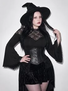 SHEIN ICON Plus Size Y2K Halloween Lace Patchwork Basic Bell Sleeve Knit T-Shirt Top Gothic Innerwear Fall - Black - View 1