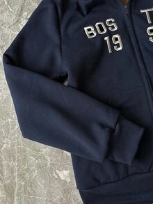 青少年女孩秋季深藍色學院風刺繡字母美式校園風城市漫步街頭氛圍休閒校園運動風簡約寬鬆舒適保暖內裡開襟運動衫，適合秋冬 - 藏蓝色 - 查看 6