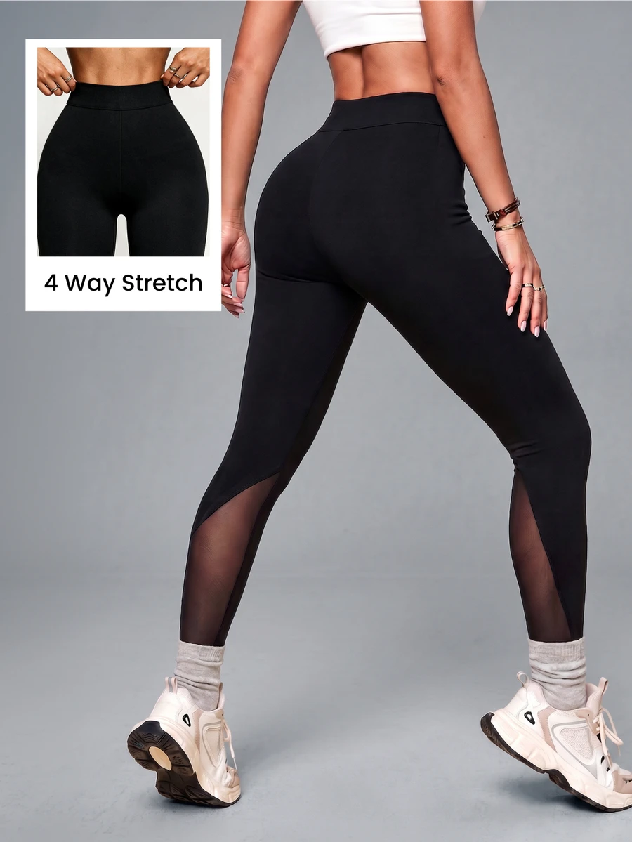Dewbera Dewbera Women's Solid Color High Waist Slimming Mesh Patchwork Comfortable Athletic Leggings - Black - View 1