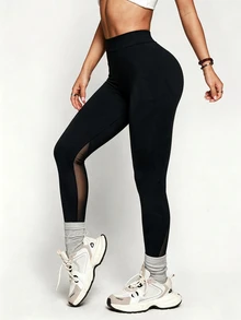 Dewbera Dewbera Women's Solid Color High Waist Slimming Mesh Patchwork Comfortable Athletic Leggings - Black - View 4