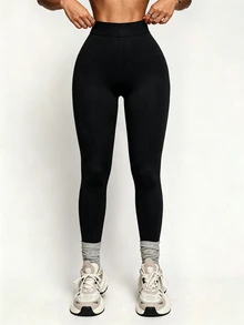 Dewbera Dewbera Women's Solid Color High Waist Slimming Mesh Patchwork Comfortable Athletic Leggings - Black - View 7