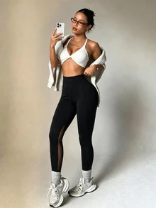 Dewbera Dewbera Women's Solid Color High Waist Slimming Mesh Patchwork Comfortable Athletic Leggings - Black - View 6