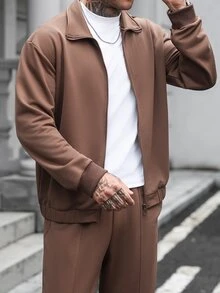 Manfinity Homme 男士拉鍊長袖夾克與口袋長褲套裝 - 棕色 - 查看 7