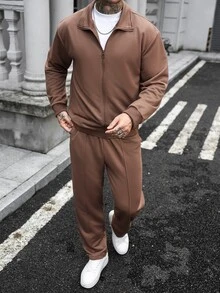 Manfinity Homme 男士拉鍊長袖夾克與口袋長褲套裝 - 棕色 - 查看 3