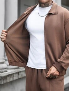 Manfinity Homme 男士拉鍊長袖夾克與口袋長褲套裝 - 棕色 - 查看 9