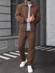 Manfinity Homme 男士拉鍊長袖夾克與口袋長褲套裝 - 棕色 - 查看 4