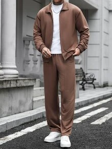 Manfinity Homme 男士拉鍊長袖夾克與口袋長褲套裝 - 棕色 - 查看 8