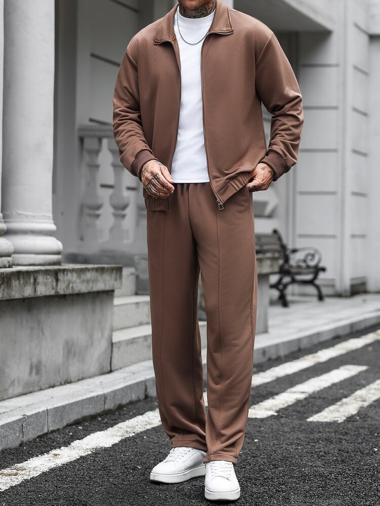 Manfinity Homme Men's Zipper Long Sleeve Jacket And Pocket Pants Set - Brown - View 8
