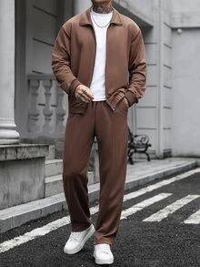 Manfinity Homme 男士拉鍊長袖夾克與口袋長褲套裝 - 棕色 - 查看 5