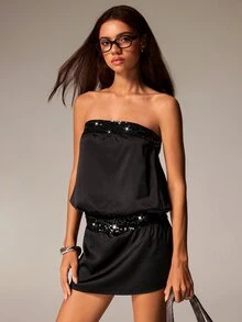 Athîral Casual And Elegant Satin Solid Color Strapless Black Party Mini Skirt With Strapless Design, Paired With Sequin Trimmed Waist, Suitable For Wearing - Black - View 5