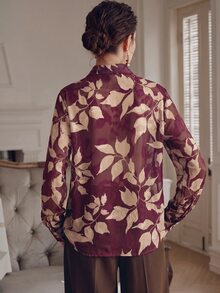 Anewsta 女款優雅花卉印花襯衫，適合度假、夏季、秋季、冬季、春季、新年、派對、婚禮、時尚、時髦、正式、上班、感恩節、節慶、優雅、情人節的多功能上衣 - 酒紅色 - 查看 6