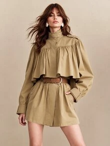CielaLinda Jaket Trench Coat Wanita Warna Polos Berlipit Kasual Serbaguna untuk Perjalanan Sehari-hari - Khaki - View 5
