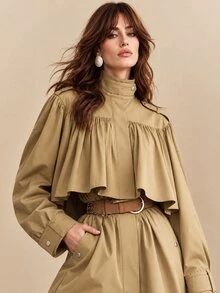 CielaLinda Jaket Trench Coat Wanita Warna Polos Berlipit Kasual Serbaguna untuk Perjalanan Sehari-hari - Khaki - View 1