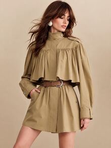 CielaLinda Jaket Trench Coat Wanita Warna Polos Berlipit Kasual Serbaguna untuk Perjalanan Sehari-hari - Khaki - View 4
