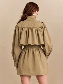 CielaLinda Jaket Trench Coat Wanita Warna Polos Berlipit Kasual Serbaguna untuk Perjalanan Sehari-hari - Khaki - View 2