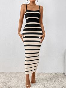 SHEIN LUNE Spring/Summer Casual Striped Slim-Fit Knit Tank Dress With Color Block - Multicolor - View 6