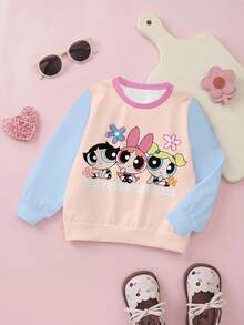 THE POWERPUFF GIRLS X SHEIN Sweatshirt Pullover Longgar Kasual Lucu Motif Kartun & Huruf Blok Warna untuk Bayi Perempuan, Musim Semi/Musim Gugur Musim Dingin - Putih - View 8