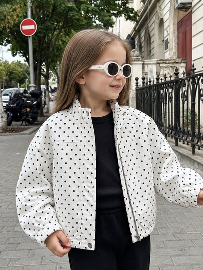 SHEIN Elladie kids 1pc Girls Spring/Autumn Back To School Black Polka Dot Print Korean Style Fresh Western Casual Woven Fabric Stand Collar Short Loose Hem Jacket Fall