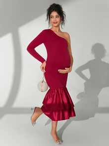 Cheriluna Maternity Maternity Photoshoot Dress, One-Shoulder Long Sleeve Fitted Dress With Ruffle Hem And Double Layer Design - Burgundy - View 2