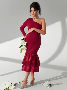 Cheriluna Maternity Maternity Photoshoot Dress, One-Shoulder Long Sleeve Fitted Dress With Ruffle Hem And Double Layer Design - Burgundy - View 6