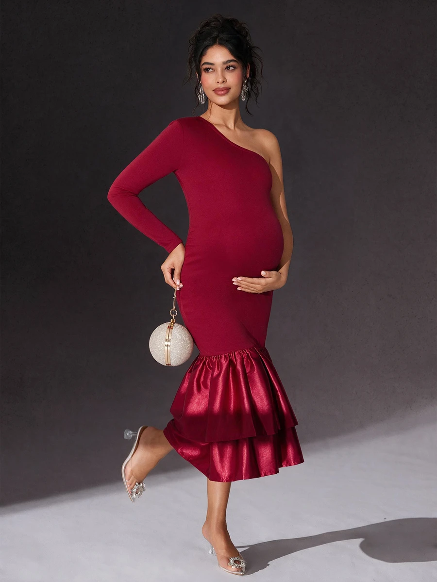 Cheriluna Maternity Maternity Photoshoot Dress, One-Shoulder Long Sleeve Fitted Dress With Ruffle Hem And Double Layer Design - Burgundy - View 1