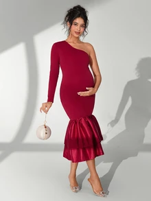 Cheriluna Maternity Maternity Photoshoot Dress, One-Shoulder Long Sleeve Fitted Dress With Ruffle Hem And Double Layer Design - Burgundy - View 4
