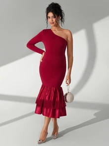 Cheriluna Maternity Maternity Photoshoot Dress, One-Shoulder Long Sleeve Fitted Dress With Ruffle Hem And Double Layer Design - Burgundy - View 5