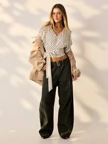 Aralina Women's Polka Dot Print V Neck Short Butterfly Batwing Sleeve Ruched Front Tie Back Cinched Waist Cute Going Out Top For Women Party Top Wear To Work - Apricot - View 2