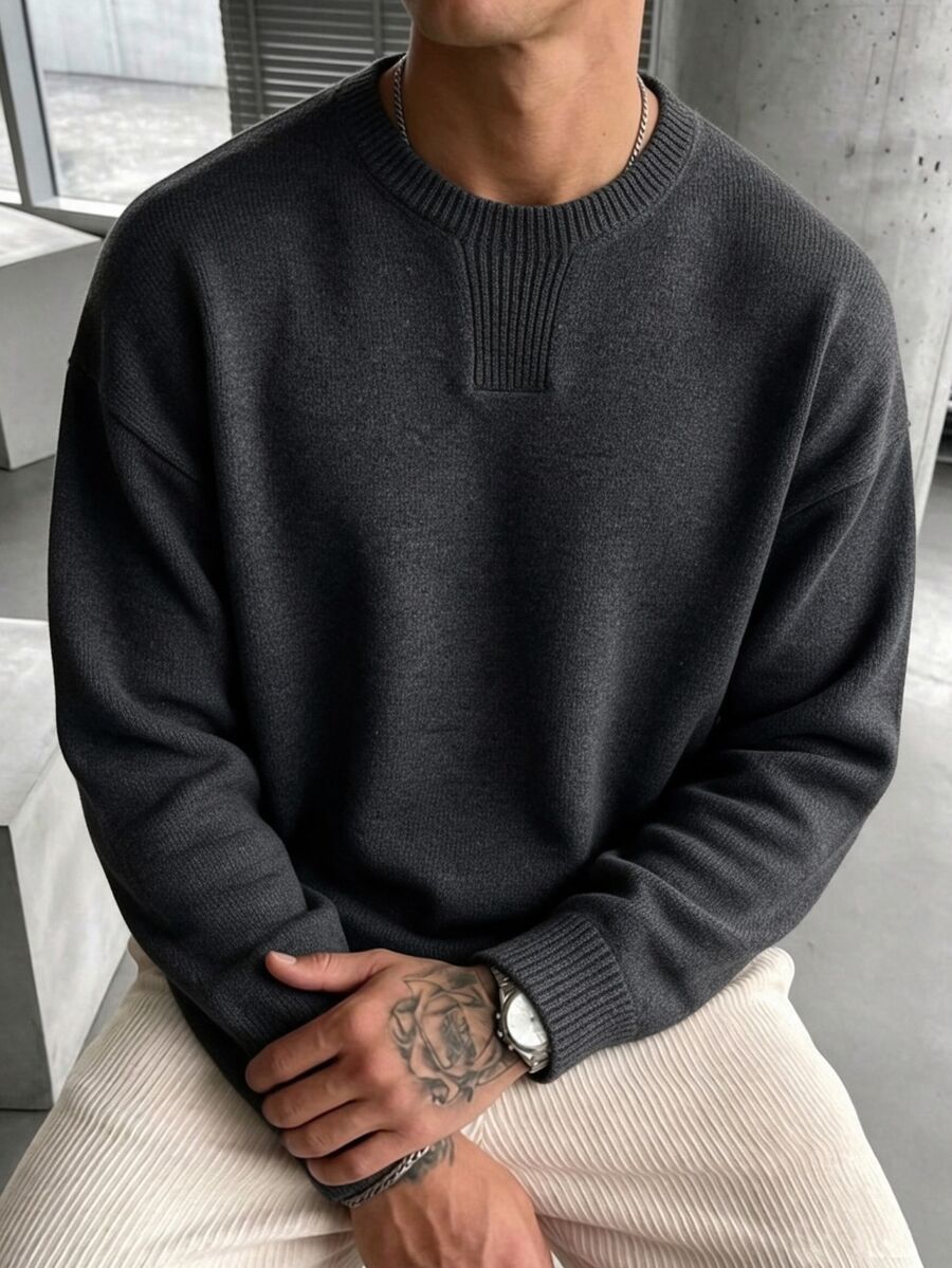 Manfinity CasualKnits Men's Solid Color Crew Neck Long Sleeve Casual Versatile Sweater Festival Boys Fall/Winter Daily New Pull, Sweaters - Grey - View 1
