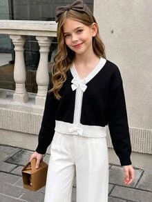 SHEIN 少女黑白可愛3D蝴蝶結長袖短版針織開襟衫，校園家庭親子款，適合秋季 - 黑色 - 查看 7