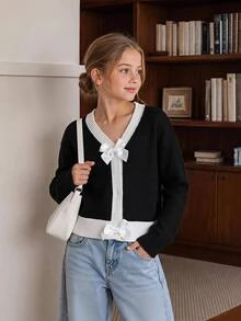 SHEIN 少女黑白可愛3D蝴蝶結長袖短版針織開襟衫，校園家庭親子款，適合秋季 - 黑色 - 查看 1