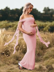 Cheriluna Maternity 纯色露肩露背超长孕妇装，适合迎婴派对、圣诞派对、优雅派对 - 粉色 - 查看 5