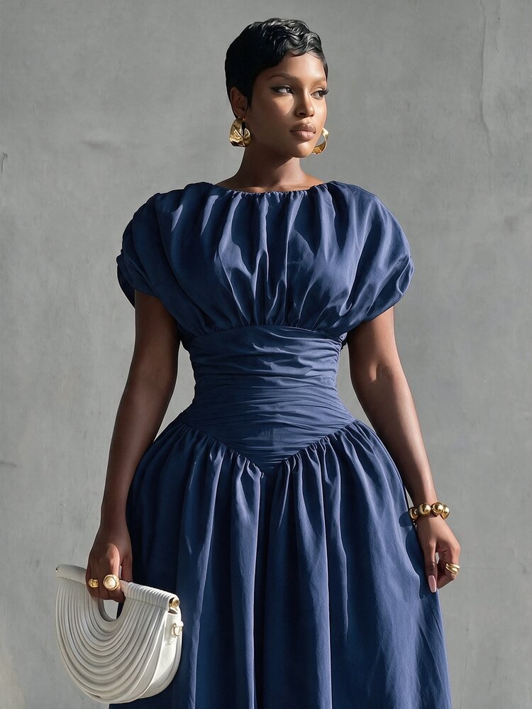 BamGlimmer Women's Solid Color Round Neck Batwing Short Sleeve Ruched Waist Pleated Elegant Dress Dinner Party Dinner Navy Blue Summer - Navy Blue - View 1