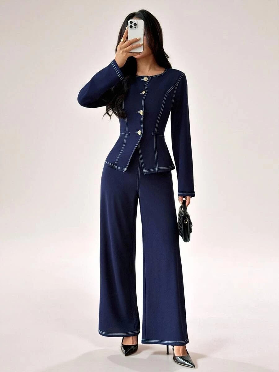 SHEIN PETITE Women's Single-Breasted Long Sleeve Top And Pants Casual Daily 2 Pieces Set - Navy Blue - View 1