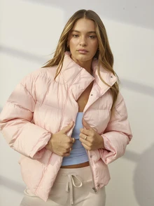 Aralina Leisurewear Active Women's Oversized Funnel Neck Hooded Zip Through Quilted Jacket With Elastic Adjustable Toggles At Hem Activewear Puffer Jacket - Pink - View 4