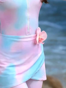 SHEIN Swim 女士随机扎染印花长袖拉链三件套比基尼泳衣，适合海滩度假 - 彩色 - 查看 5