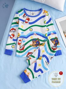 SHEIN | PAW Patrol 小男孩卡通印花長袖上衣與長褲休閒日常居家睡衣套裝 - 藍色 - 查看 1