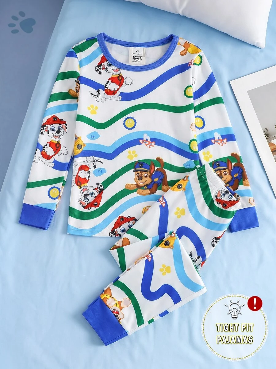 SHEIN | PAW Patrol 小男孩卡通印花長袖上衣與長褲休閒日常居家睡衣套裝 - 藍色 - 查看 1