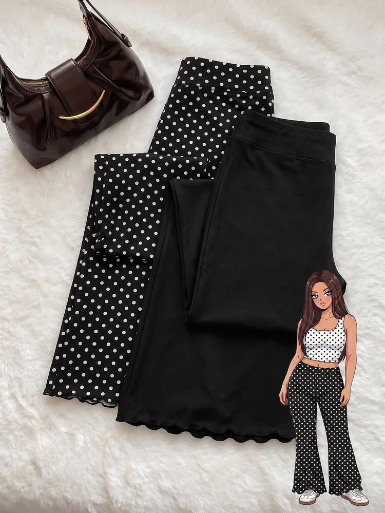 Comfortcana Plus Size Women's Casual High Elasticity Flare Leg Pants 2 Pieces Set - Black and White - View 9