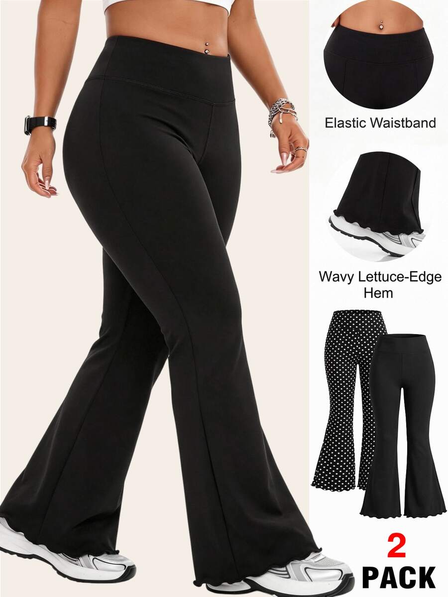 Comfortcana Plus Size Women's Casual High Elasticity Flare Leg Pants 2 Pieces Set - Black and White - View 1