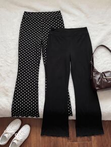 Comfortcana Plus Size Women's Casual High Elasticity Flare Leg Pants 2 Pieces Set - Black and White - View 4