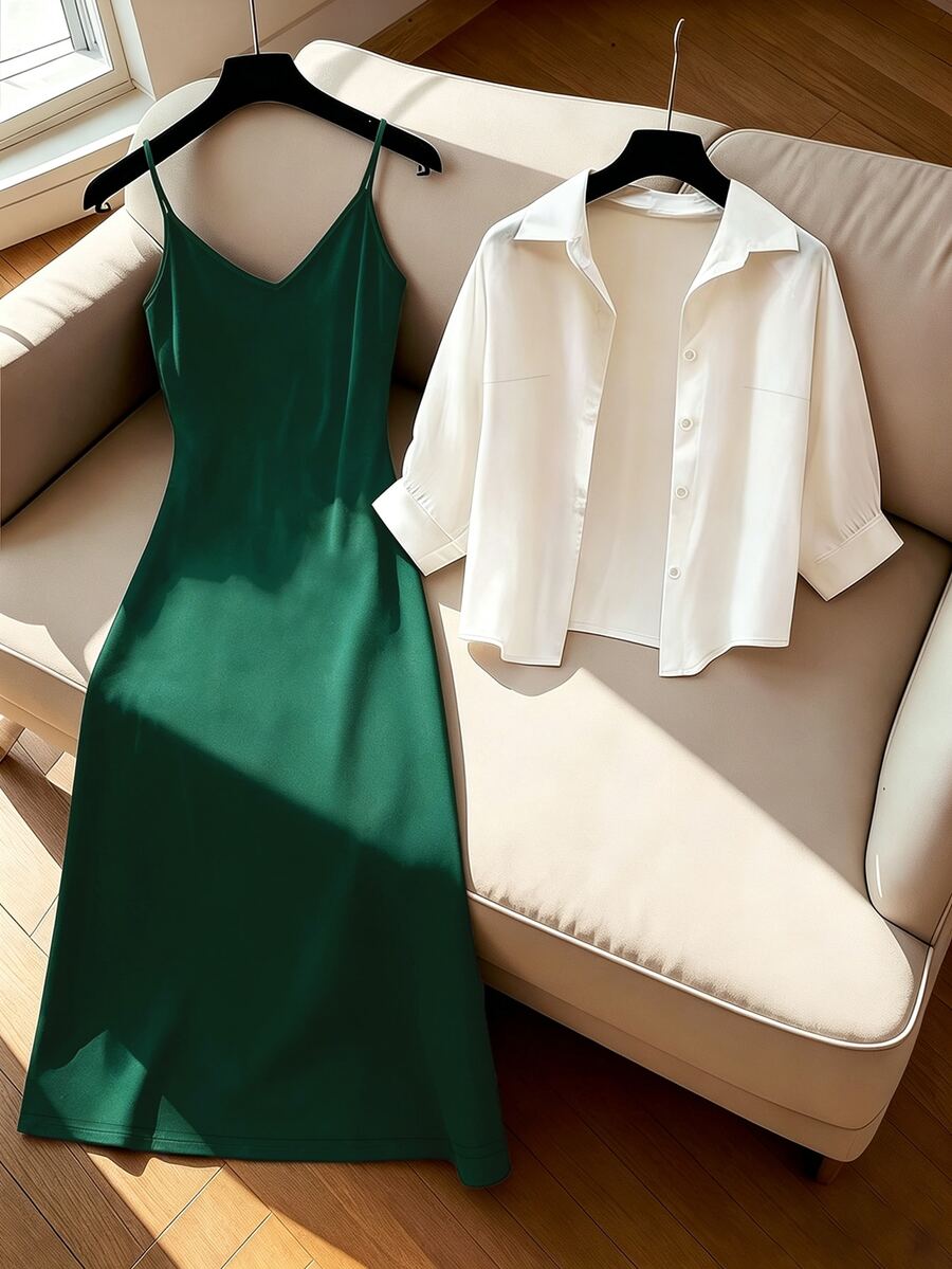 GlowEve Women's Solid Color Long Sleeve Single-Breasted Shirt And Camisole Dress Casual 2 Pieces Set - Dark Green - View 1