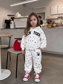 SHEIN 女嬰可愛秋冬波點與字母印花連帽外套及鬆緊腰長褲套裝 - 白色 - 查看 4